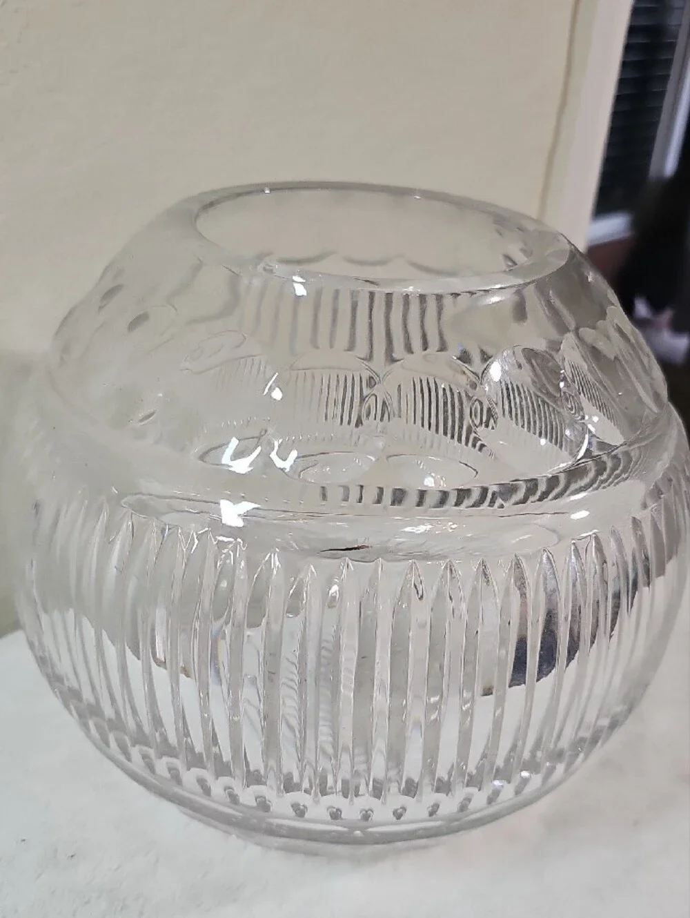 Vintage 6.7lb Oversized Crystal Bubble Vase Scalloped & Vertical Line Design